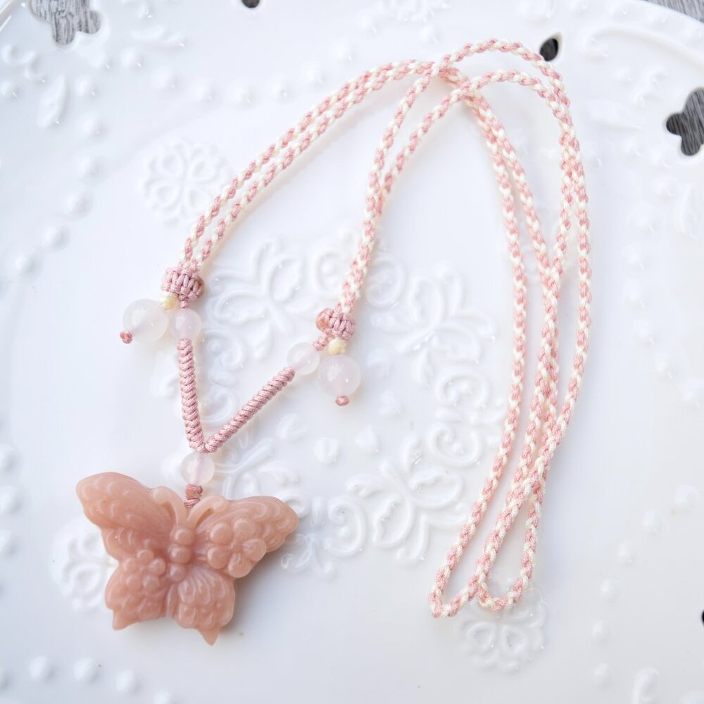 Butterfly Pendant Rope Necklace - Pink Jade Pendant